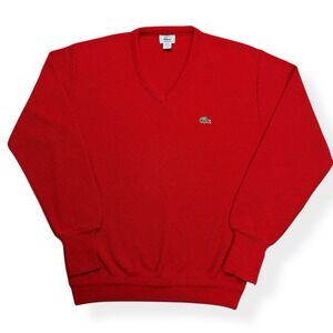 Vintage IZOD Lacoste Sweater Men's XL Red Grandpa V Neck Cotton Made in USA 80s